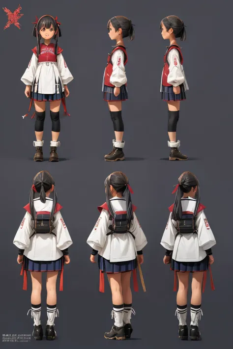 一人の女の子，character design sheet front side back view、character turnaround、Tポーズ