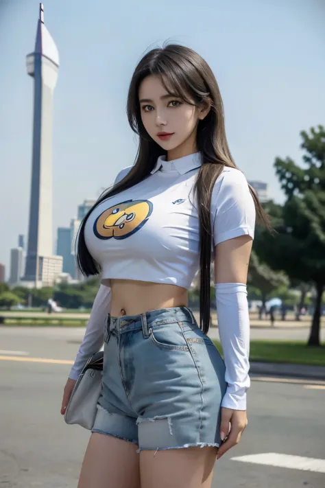 Idol,gravure,  beautiful girl,Take a picture in monas jakarta , using  a shirt with pokemon picture,Big Breasts， big breasted ，