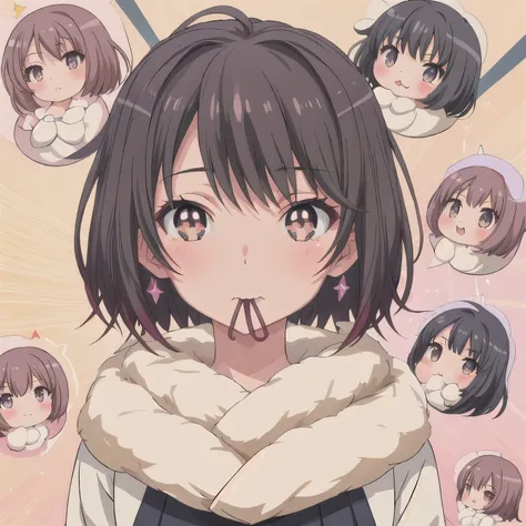 A Japanese anime-style chibi girl, 3-head-tall, super round body and head, deformed proportion, big sparkling eyes, small nose and mouth, cute and soft illustration, simplified color palette, masterpiece, her mouth is empty, nothing in her mouth, no object...