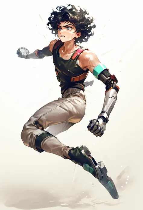 Retro-futuristic, young male, 22 years old, bounty hunter, robotic arm, white background, curly hair but simple hair, 1 person, dynamic pose, bludwing style, sweaty, black hair, jumping, 