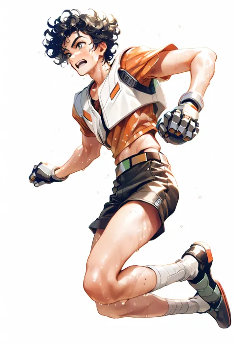Retro-futuristic, young male, 22 years old, bounty hunter, robotic arm, white background, curly hair, 1 person, dynamic pose, bludwing style, sweaty, black hair, jumping