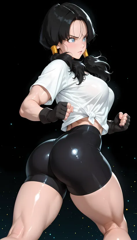 masterpiece, best quality, amazing quality, hyper-detailed, newest, very aesthetic, 1girl, dynamic pose, muscle, shiny muscles, medium breasts, large thighs, large ass, diffused light, absurdres, highres, hd particles, videl ,twintails, bike shorts, white ...