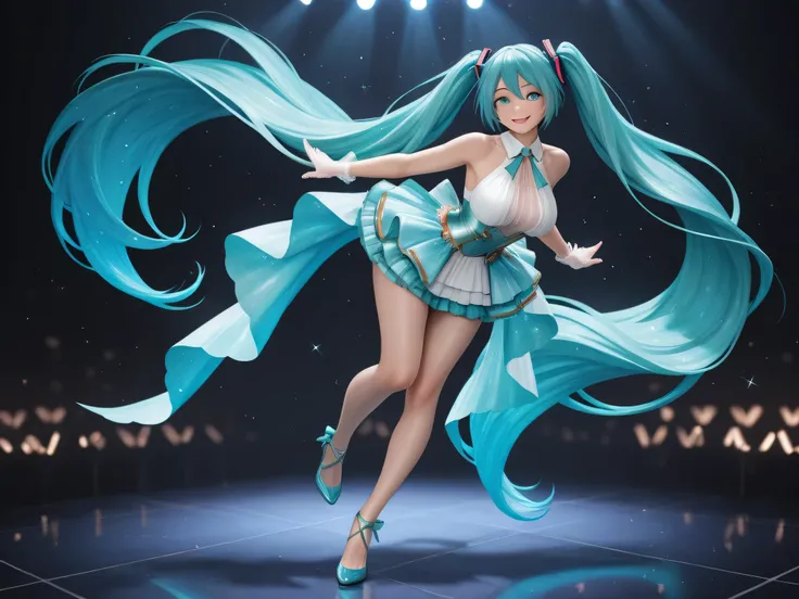 Hatsune Miku, hyper-realistic ultra-detailed illustration, vibrant turquoise long hair in two thick silky tails, big sparkling teal eyes, elegant and sensual smile, quite voluptuous larger breasts, wearing elegant futuristic idol outfit, short glittering l...