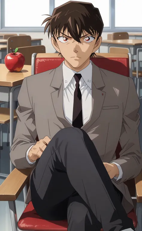1male,solo,young,Light Yagami,dark brown hair,hair between eyes,bang,red eyes,white skin,grey blazer,white shirt,black necktie,black pants,sitting on chair,Legs crossed,pride,classroom,holding 1apple,detective conan,