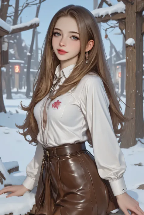 1 girl on break day, single, long hair, blue eyes, tiger teeth, earrings, Open your lips lightly, high resolution, masterpiece, Hair, Big Breasts, Phantom Engine , 4K, High Quality, realistic, Main, bright colors, depth of field effect,white long slee...