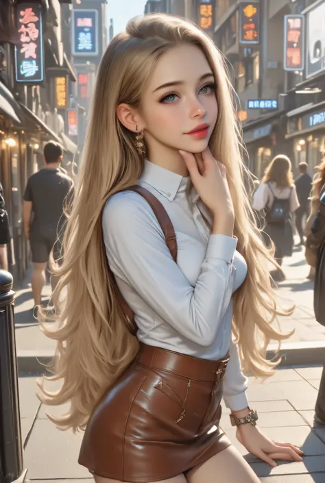 1 girl on break day,  single, long hair,  blue eyes, tiger teeth,  earrings, Open your lips lightly, high resolution, masterpiece,  Hair, Big Breasts,  Phantom Engine , 4K, High Quality, realistic, Main, bright colors, depth of field effect,((white long sl...