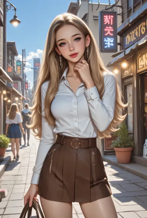 1 girl on break day,  single, long hair,  blue eyes, tiger teeth,  earrings, Open your lips lightly, high resolution, masterpiece,  Hair, Big Breasts,  Phantom Engine , 4K, High Quality, realistic, Main, bright colors, depth of field effect,((white long sl...