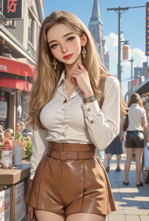 1 girl on break day, single, long hair, blue eyes, tiger teeth, earrings, Open your lips lightly, high resolution, masterpiece, Hair, Big Breasts, Phantom Engine , 4K, High Quality, realistic, Main, bright colors, depth of field effect,((white long sl...