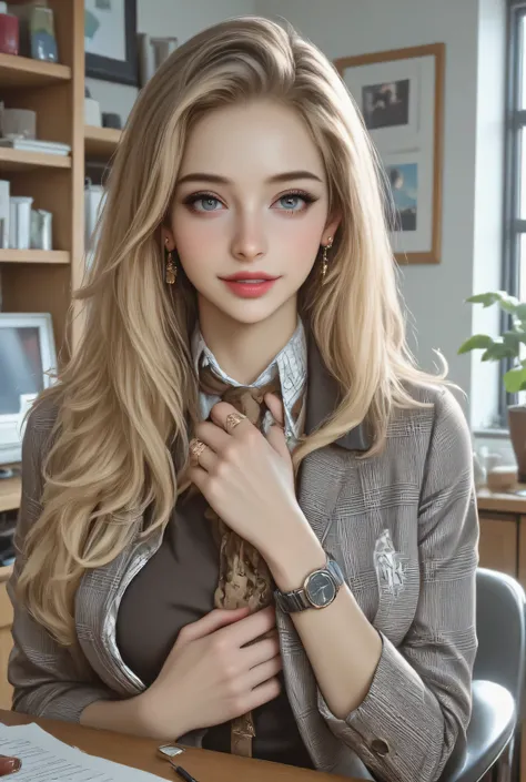 1 girl on break day, single, long hair, blue eyes, tiger teeth, earrings, Open your lips lightly, high resolution, masterpiece, Hair, Big Breasts, Phantom Engine , 4K, High Quality, realistic, Main, bright colors, depth of field effect、((sitting in th...