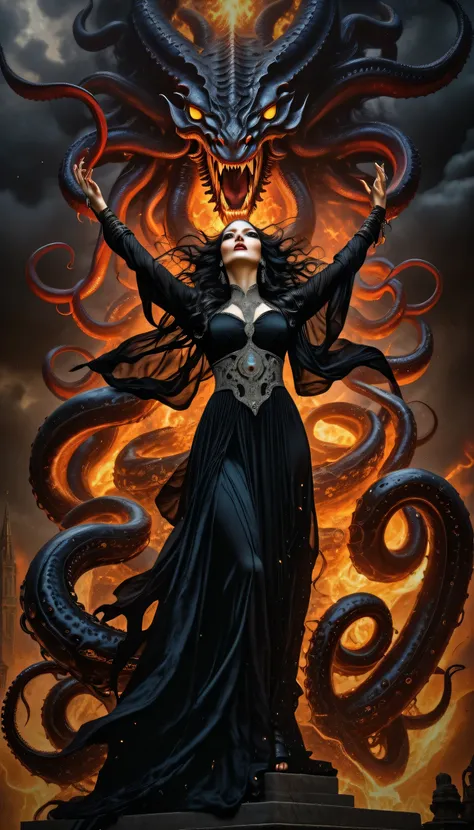 Insanely detailed masterpiece Photorealistic gothic wide shot of a devastatingly ravishing woman in a see thru black dress covered in protective runes and talismans confronting a massive demonlord morphing out of the sky from a black roiling cloud, dark...