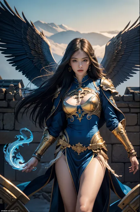 (masterpiece, highest quality, Realistic photos), ((Angel floating in the air;1.4)), A very cute Japanese woman, A complex copper and brass mechanical armor with a Hawk and eagle motif., Beautiful big angel wings, (The wings are symmetrically paired;1.5), ...