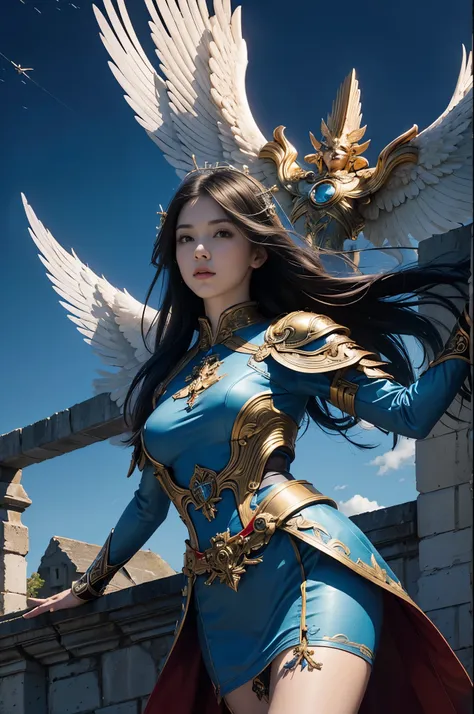 (masterpiece, highest quality, Realistic photos), ((Angel floating in the air;1.4)), A very cute Japanese woman, A complex copper and brass mechanical armor with a Hawk and eagle motif., Beautiful big angel wings, (The wings are symmetrically paired;1.5), ...