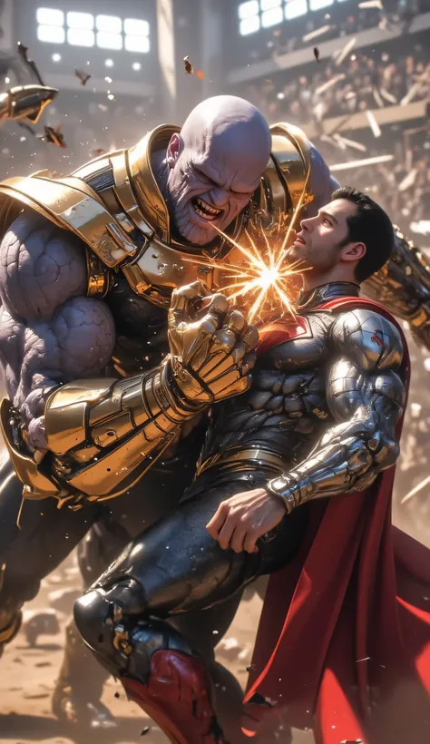 A stunning, hyper-detailed 8K ultra-realistic cinematic image capturing the brutal moment Thanos drives his massive, armored fist squarely into Superman’s face.

Thanos, a towering juggernaut clad in pristine, intricate golden battle armor, twists his body...