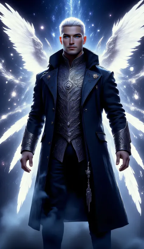 Hyperreal Cinematic Full body shot of a confident man with short, white hair and bright blue eyes behind sharp aquiline facial features. He is impeccably dressed in a sleek, black, high-collared coat and tailored ves twith intricate angelic script in silv...