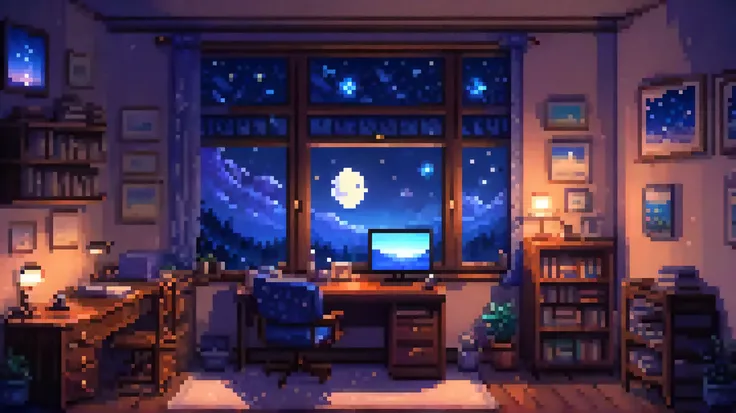 2D pixel art in retro video game style, 16 bit, A cozy small study desk at night, Facing an open window full of stars, A messy desk with a few books and a mug, A peaceful and calming atmosphere, blue night tones, no characters.