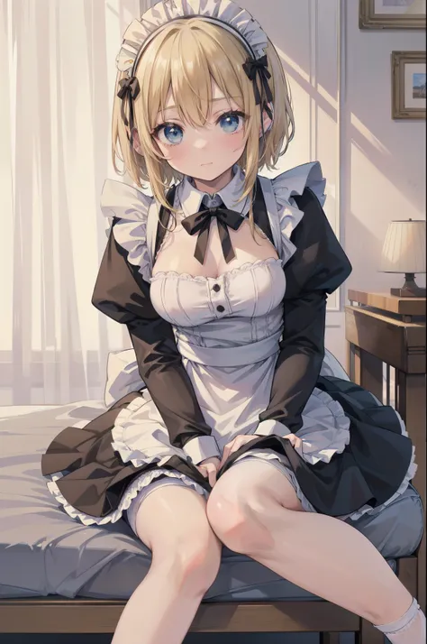 (knees together feet apart), Gently stare, by krenz Cassiato , is sitting, Asuka, Asuka, Anime Styleイラスト, Official Art, high quality anime-style art as a model, high resolution, Anime Style, (maid clothes:1.6), (face close-up:1.1), (NSFW:0.9), ( blond and...