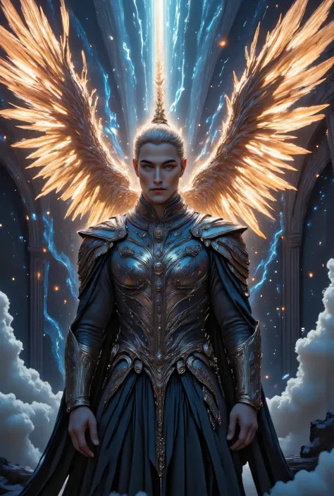  Hyperreal Cinematic Full body shot of a confident man with short, white hair and bright blue eyes behind sharp aquiline facial features. He is impeccably dressed in a sleek, black, high-collared coat and tailored ves twith intricate angelic script in silv...