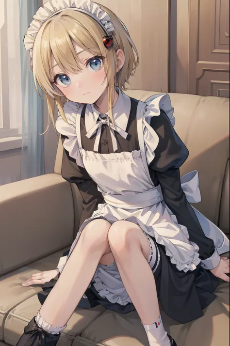 (knees together feet apart), Gently stare,  by krenz Cassiato , is sitting, Asuka, Asuka, Anime Styleイラスト, Official Art, high quality anime-style art as a model, high resolution, Anime Style, (maid clothes:1.6), (face close-up:1.1), (NSFW:0.9), ( blond and...