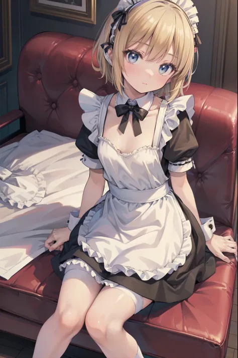 (knees together feet apart), Gently stare, by krenz Cassiato , is sitting, Asuka, Asuka, Anime Styleイラスト, Official Art, high quality anime-style art as a model, high resolution, Anime Style, (maid clothes:1.6), (face close-up:1.1), (NSFW:0.9), ( blond and...