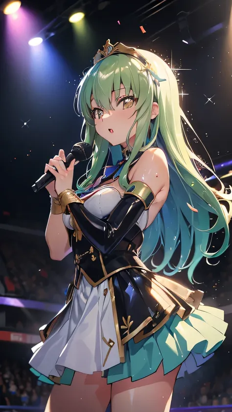 (A singer holding a microphone in one hand:1.5), (sexy idol costume), looking up, (standing),
(Neon Glowing Idol Outfits), Spotlight, colorful lighting, on stage, stage lights, spotlight, sparkle, depth of field, sharp focus, Confetti shower, confetti,(...