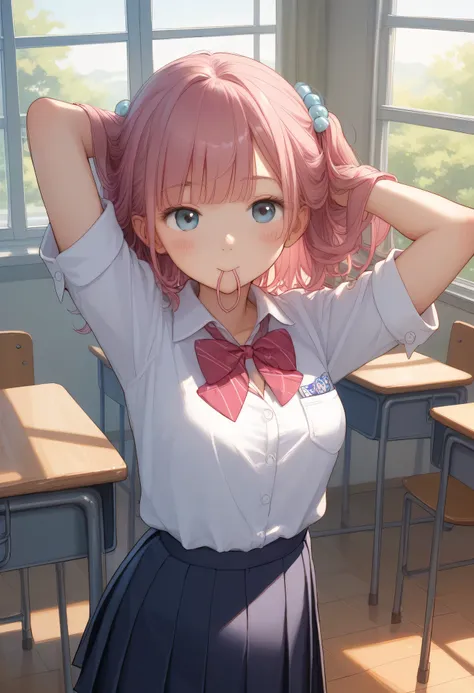 best quality、high resolution、masterpiece、 exquisite background 、Beautiful Girl、black hair、High School Classroom After School 、wooden desk and chair、slightly open window、Spring breeze 、Classroom where the sun shines in softly after school、A quiet space with...