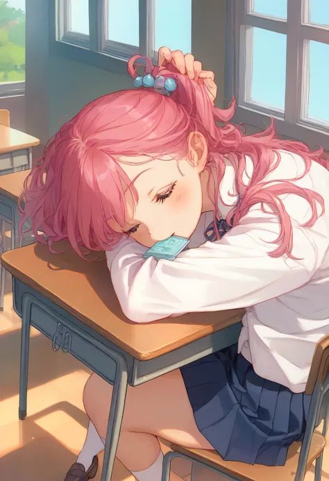 best quality、high resolution、masterpiece、 exquisite background 、Beautiful Girl、black hair、High School Classroom After School 、wooden desk and chair、slightly open window、Spring breeze 、Classroom where the sun shines in softly after school、A quiet space with...