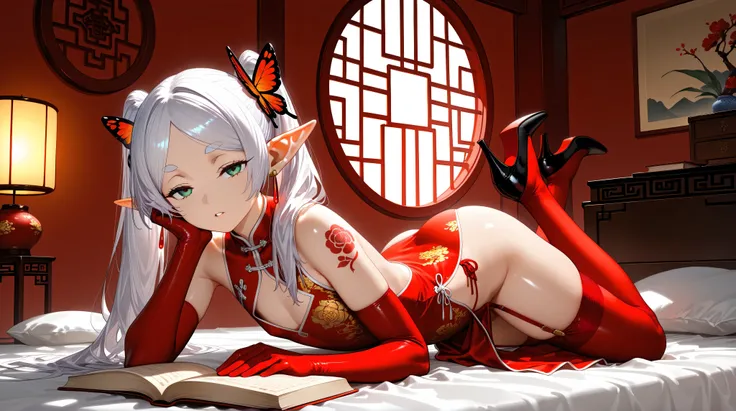 full body,1girl,frieren,pointy ears,elf,round face,green eyes,half closed eyes,flat chest,white hair,twintails,parted bang,parted lip,looking at viewer,flat chest,loose clothes,holding,head rest,book,reading,red theme,cleavage cut,(red qipao),china dress,c...