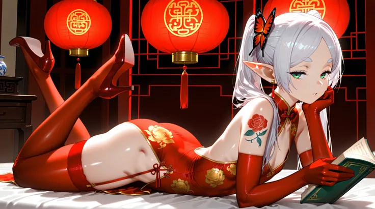 full body,1girl,frieren,pointy ears,elf,round face,green eyes,half closed eyes,flat chest,white hair,twintails,parted bang,parted lip,looking at viewer,flat chest,holding,head rest,holding book,reading,red theme,cleavage cut,(red qipao),china dress,chinese...