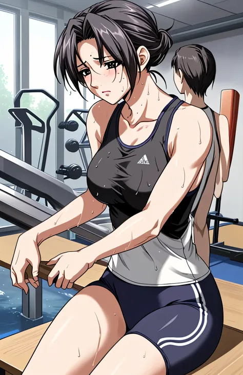 mature woman、One person image、45 age 、Hair tied up、black hair、Black eyes 、My whole body is sweaty、tired look、 clothes are wet 、transparent tank top、training pants、bras are transparent、Taking a break。sit on the bench、legs are open、 sports gym background、sol...