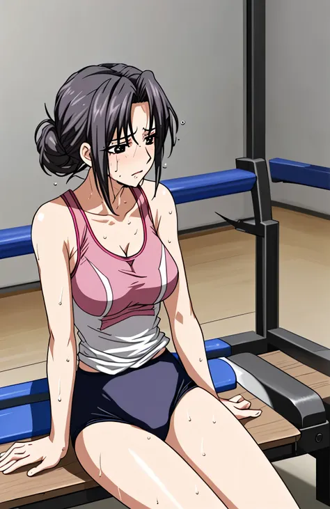 mature woman、One person image、45 age 、Hair tied up、black hair、Black eyes 、My whole body is sweaty、tired look、 clothes are wet 、transparent tank top、training pants、bras are transparent、Taking a break。sit on the bench、legs are open、 sports gym background、sol...