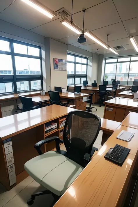 modern office, bulletin board,  Partitions , accounting office, computers, cadeiras, anime-style desk