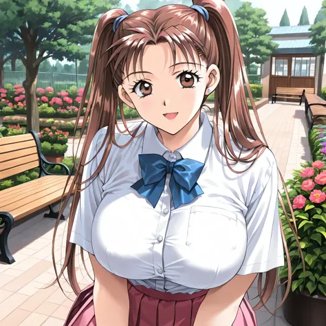 masterpiece, newest, lively, very aesthetic, high contrast, mature woman,solo,((KanouRyouko, twintails, brown hair, long hair, brown eyes)),((school uniform,white shirt,blue ribbon,pink pleated skirt)), ((Big Breasts:1.4)), (smile,open mouth),((garden,Outd...