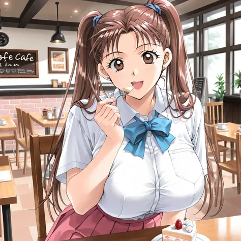 masterpiece, newest, lively, very aesthetic, high contrast, mature woman,solo,((KanouRyouko, twintails, brown hair, long hair, brown eyes)),((school uniform,white shirt,blue ribbon,pink pleated skirt)), ((Big Breasts:1.4)), (smile,open mouth),((cafe,indoor...