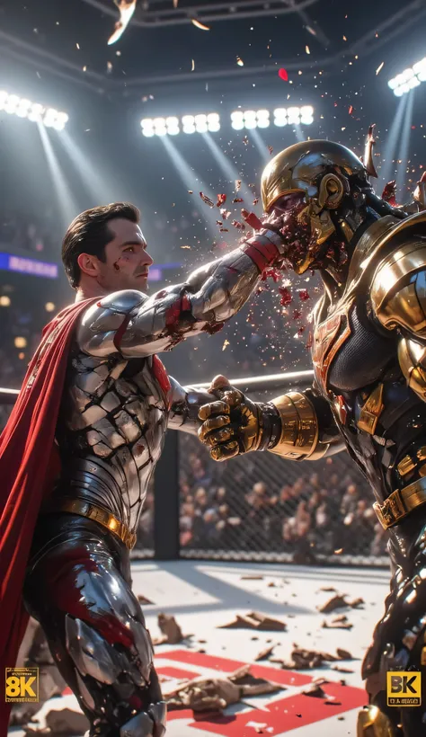 A breathtaking 8K ultra-realistic cinematic image capturing the explosive moment Superman, bloodied but unbreakable, smashes his armored fist into Thanos's face inside a devastated UFC-style arena.

Superman, clad in his gleaming but battered silver Krypto...