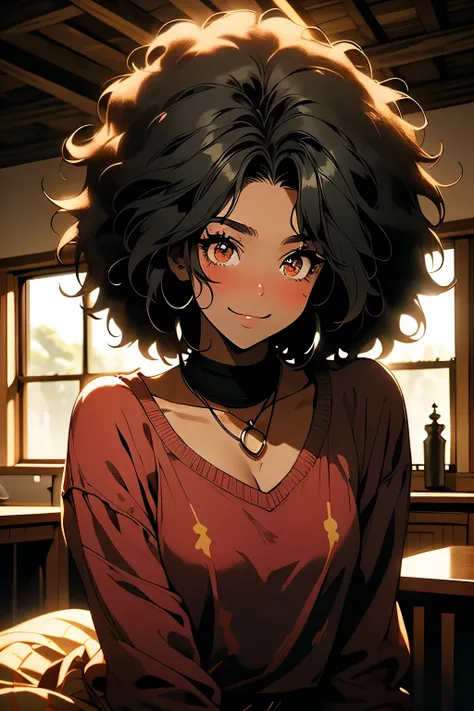 Young anime girl, 16 anos ,  pele negra, ,with short curly black afro hair, smiley expression, Country house interior scenery. ((Best Quality)) ((1.2)) ((  pretty face))  (( detalhado)) ((Only face))