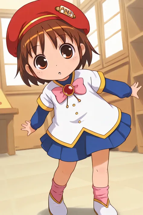 anime style,score_9, score_8_up, score_7_up,masterpiece, best quality,ultra detail,1girl,((((solo)))),yasuna oribe
,round eyes,vests,red beret, pink bow,blue skirt,buttons,pink socks,shoes,