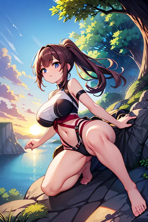 Highest Quality、high image quality、masterpiece、Detailed Background、(very detailed face:1.4)、age beauty、perfect body line、(huge breasts:1.2)、anatomically correct、(Normal number of fingers:1.3)、Cute hair color 、braided bob cut、ponytail、Beautiful Nature、cowbo...
