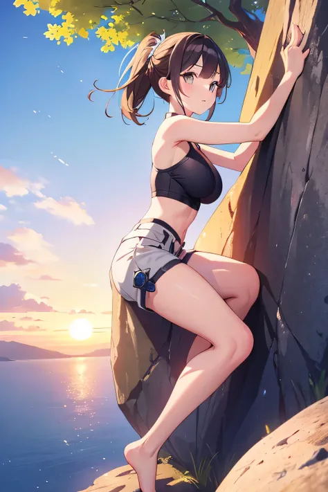 Highest Quality、high image quality、masterpiece、Detailed Background、(very detailed face:1.4)、age beauty、perfect body line、(huge breasts:1.2)、anatomically correct、(Normal number of fingers:1.3)、Cute hair color 、braided bob cut、ponytail、Beautiful Nature、cowbo...