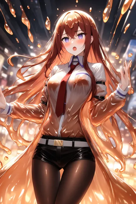 slimify transformation:1.5, adult Makise Kurisu, makise kurisu outfit, black pantyhose, red tie, slimify clothes:1.0, melting clothes, slimify transformation:1.0, melting:1.0, shuddering, (motion lines:1.2), melting, melting hair, blushing heavily, heavy b...