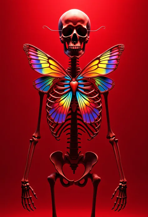 realistic human skeleton model drawn in red and black、angle from below、The heart is rainbow colored and beating in the shape of a butterfly、red background、masterpiece、