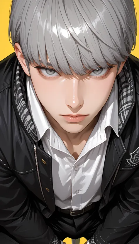 masterpiece, best quality, amazing quality, hyper-detailed, newest, very aesthetic, 1boy, narukami yu, grey hair, grey eyes, school uniform, black jacket, open jacket, long sleeves, white shirt, collared shirt, black pants, yellow background, close up, hol...