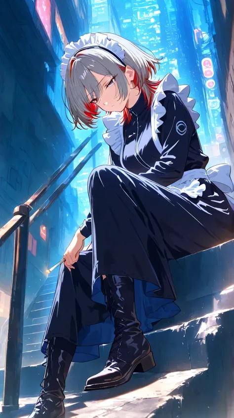 anime, masterpiece, best quality, 4K, full-body, solo, mature atmosphere, 
wolf-cut hairstyle, gray hair with red highlights and red inner color, sharp eyes, calm and slightly tired expression, subtle shadows under eyes, 
classic black and white maid outfi...