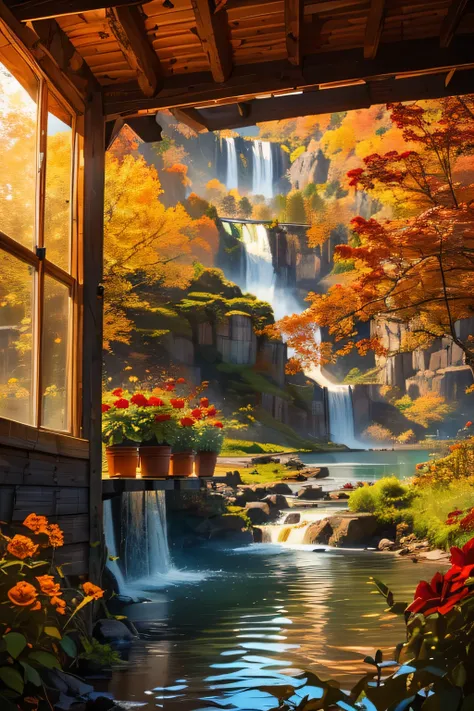 /imagine prompt: (( On the left side of。rustic wooden shed featuring large windows adorned with small red flower pots :1.5)), (( various fall foliage trees々  :1.3)), (( shade of red , Yellow, orange, Green:1.2)). The cabin is positio ned on the left side o...