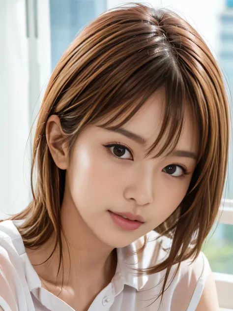 beautiful Japanese woman, perfect face, soft gaze, expressive eyes, delicate expression, chestnut brown hair, thin wispy bangs partially covering the forehead, slightly uneven bangs, silky straight hair, light volume hair, clear skin, realistic skin textur...
