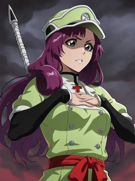 (masterpiece),(best quality),(ultra-detailed),(best illustration),(best shadow),(absurdres),(detailed background),(very aesthetic), bleach_tybw_style, A female character with long purple hair and a green hat, standing confidently in a stormy atmosphere. Sh...