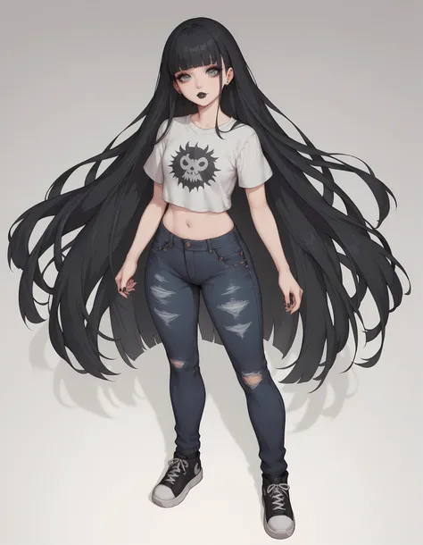 uma mulher. Long black hair with long fringe above the eyes, fair skin and black and gray eyes, she has a small dot under her right eye. She has a thin and tall body. She wears a gray blouse of the same eye color with short sleeves and dark jeans and black...