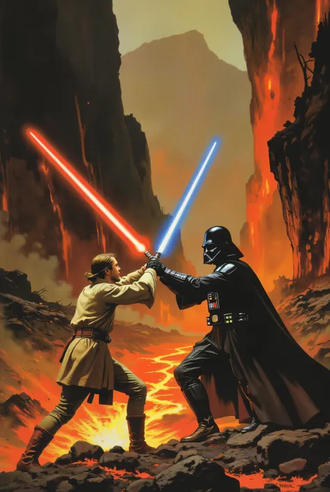 High-quality oil painting, vintage analog photography style, highly detailed image.
Epic depiction of the duel between Jedi Master Obi-Wan Kenobi and the Sith villain Darth Vader.
Obi-Wan, wearing his signature beige Jedi robes, maroon leather boots, and i...