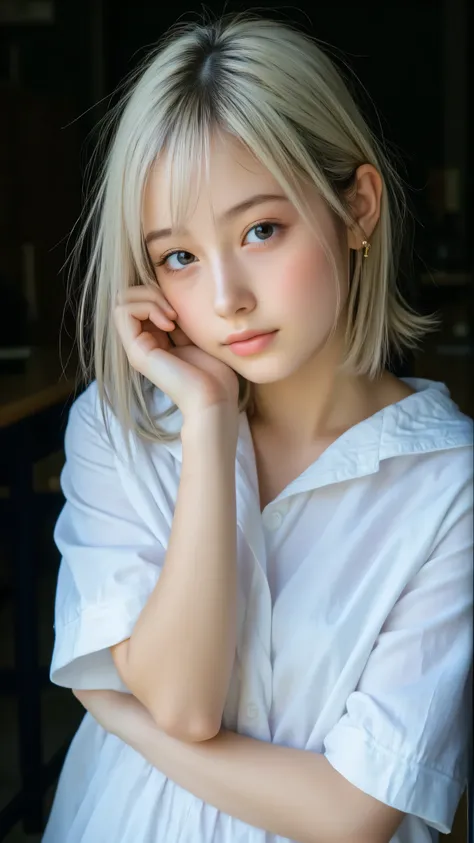 Generate an image of a young Japanese idol with a retro Showa-era aesthetic, dressed in a traditional 1980s Japanese school uniform. She has shoulder-length, light grayish-blonde hair styled in a slightly tousled manner, reminiscent of the 1980s idol fashi...