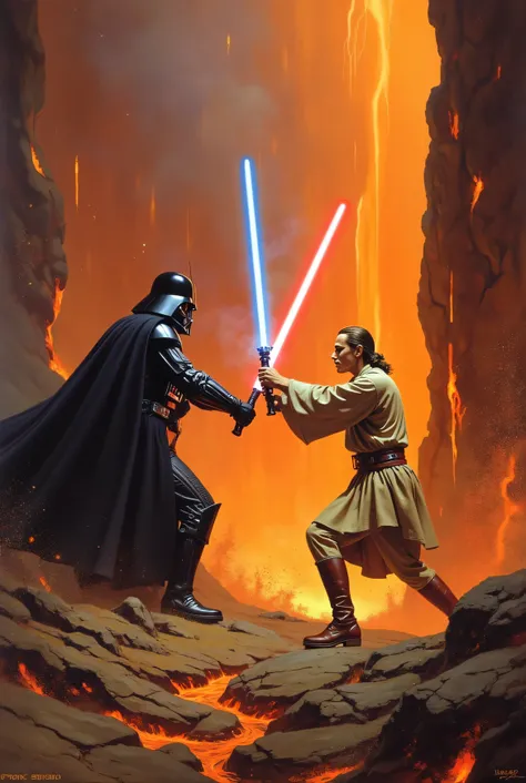 High-quality oil painting, vintage analog photography style, highly detailed image.
Epic depiction of the duel between Jedi Master Obi-Wan Kenobi and the Sith villain Darth Vader.
Obi-Wan, wearing his signature beige Jedi robes, maroon leather boots, and i...