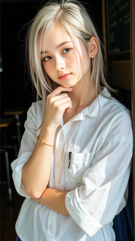 Generate an image of a young Japanese idol with a retro Showa-era aesthetic, dressed in a traditional 1980s Japanese school uniform. She has shoulder-length, light grayish-blonde hair styled in a slightly tousled manner, reminiscent of the 1980s idol fashi...